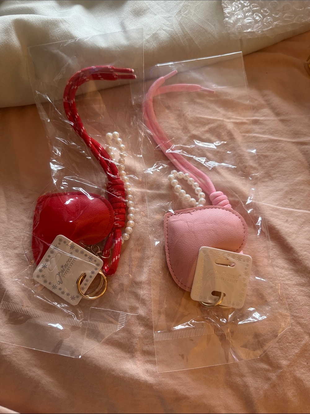Heart Charm Key & Bag Strap with Faux Pearl Accent - Pink